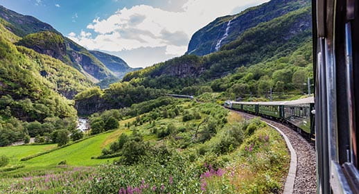 Cliff views and landscapes seen from the Flåm railway, Norway