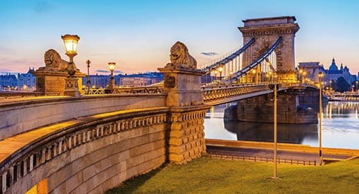 The Chain Bridge illuminated at dusk, Budapest