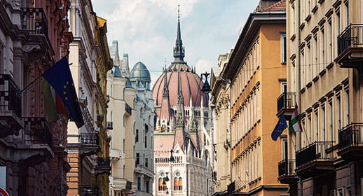A view down a street in Budapest towards the Parliament Building