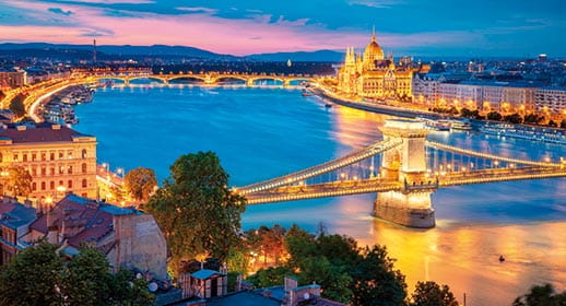 A view over Budapest illuminated at night