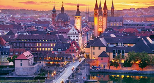A view over the city of Würzburg at sunset, Germany