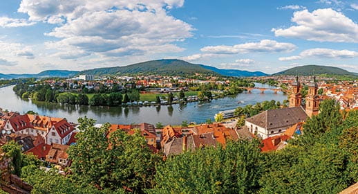 An aerial view over the Bavarian town of Miltenberg