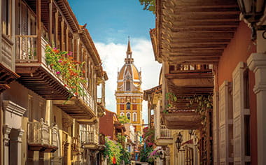 A view down a street in Cartagena, Colombia