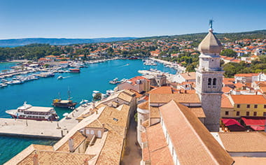 An aerial view over the harbour in Krk, Croatia