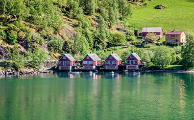 Houses by the water in Flåm, Norway