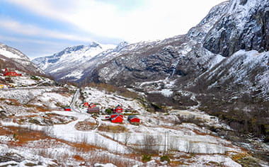 A view of Flam in Norway, covered in snow