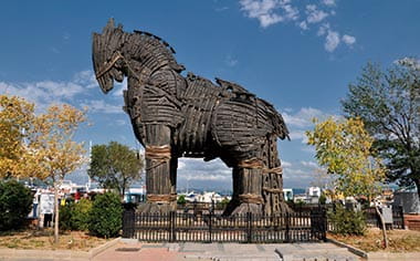 The Trojan Horse in Troy illuminated during the evening, near Canakkale, Turkey