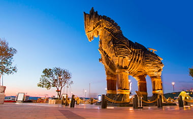 The Trojan Horse in Troy illuminated during the evening, near Canakkale, Turkey