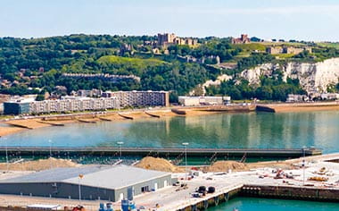 A view towards the castle and cliffs of Dover, England