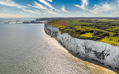 An aerial view of the White Cliffs of Dover, England