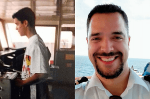 Two pictures of Captain Franko side by side. One of him as a teenager in the bridge, the other a selfie as he smiles to the camera - a fully qualified captain in uniform.