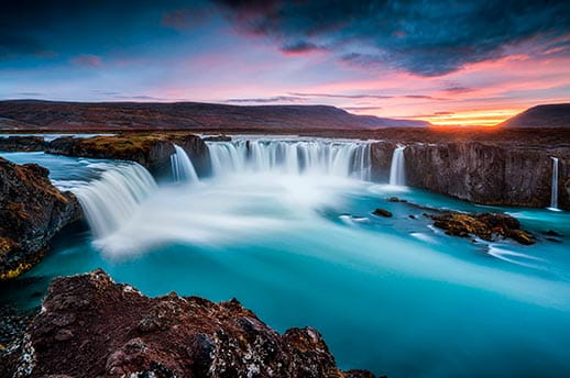 Godafoss Falls at twilight in Iceland