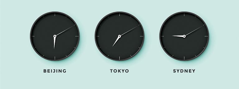 Three clocks set for Bejing, Tokyo and Sydney time