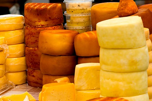 Cheese stacks at a Croatian food market