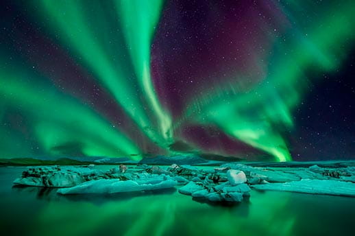 The Northern Lights over the Glacier Lagoon in Iceland