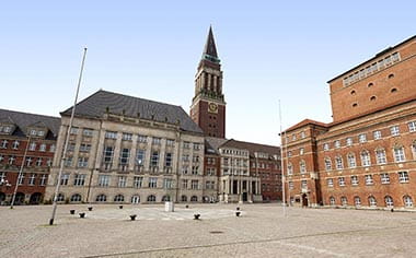 Kiel Town Hall and the spire of Nikolai Cathedral, Germany