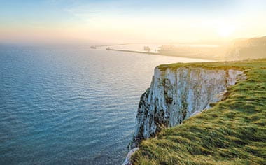 An aerial view of the White Cliffs of Dover, England